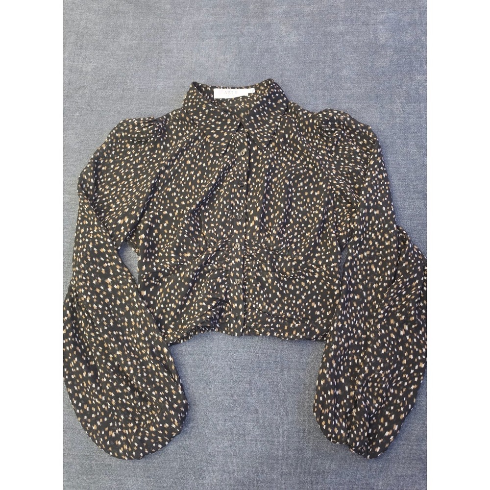 ASTR The Label Black Taupe Geo Cropped Blouse Smocked Back ALT17512-003 Medium
